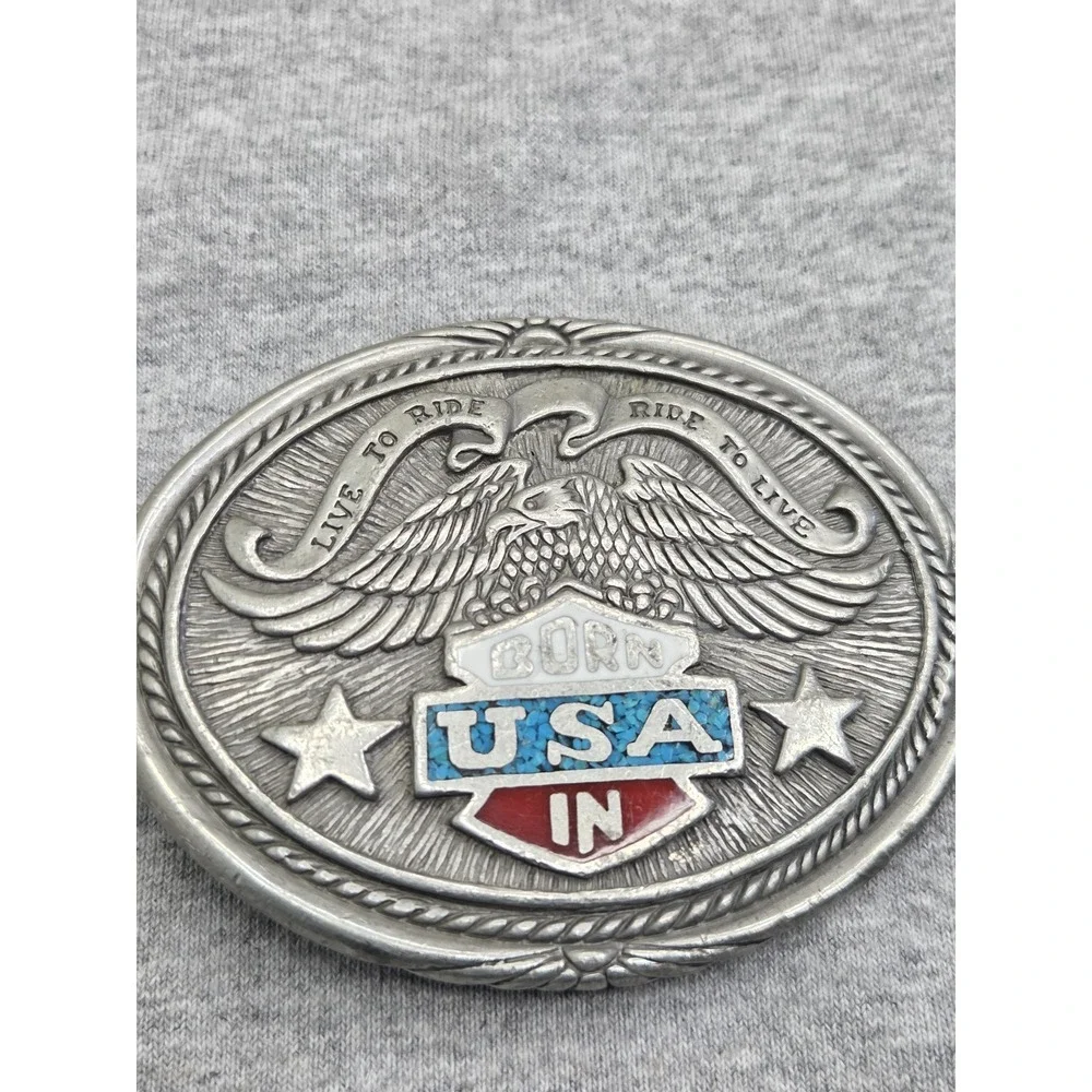Vintage Live to Ride Motorcycle Eagle Stone Inlay Red White Blue Pewter Buckle
